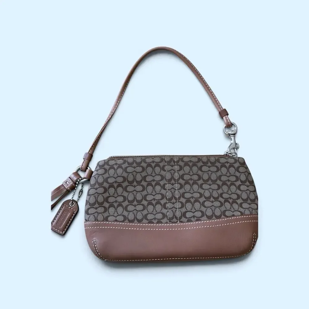 VTG Coach Signature C Mini Wristlet Clutch Pouch Brown Canvas Tan Leather Y2K